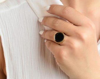 14K Solid Gold Black Enamel Ring,Chunky Gold Ring,Adjustable Ring,Unisex Ring,Elegant Ring,Karma Ring,Minimal Gift for Him & Her