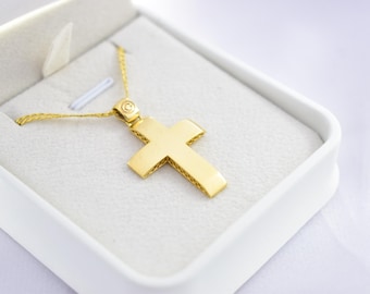 14K Solid Gold Cross Necklace,Unisex Solid Gold Large Cross Necklace,Plain Gold Cross Charm, Christian Pendant,Radiant Religious Gold Cross