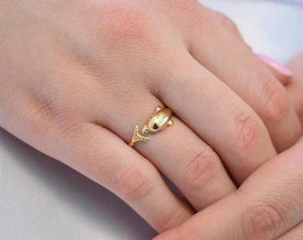Dolphin 14K Solid Gold Ring,Gold Dolphin Band,Animal Sea Ring,Stackable Jewellery Ring,Gold Band,14K Gift for Her,Minimalist Ring