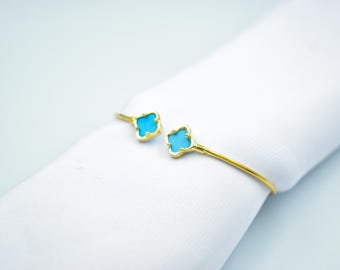 14K Clover Bangle Bracelet,Clover Turquoise Bangle,Dainty Bracelet,Clover Bracelet,Gift for Mom & Her,Lucky Clover Gold Cuff Bangle