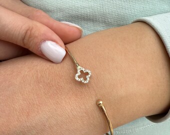 14K Cross Bangle Bracelet,Thin Cross Zircon Bangle,Dainty Bracelet,White Cross Bracelet,Cross Gold Cuff Bangle, Exclusive Gift for Mom & Her