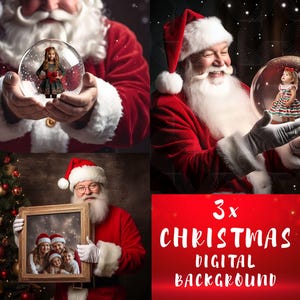 La magia del globo di neve di Babbo Natale: sfondo con Babbo Natale che tiene in mano un globo di neve, sfondo digitale natalizio, sovrapposizioni PNG, sovrapposizioni di foto, clipart natalizie.