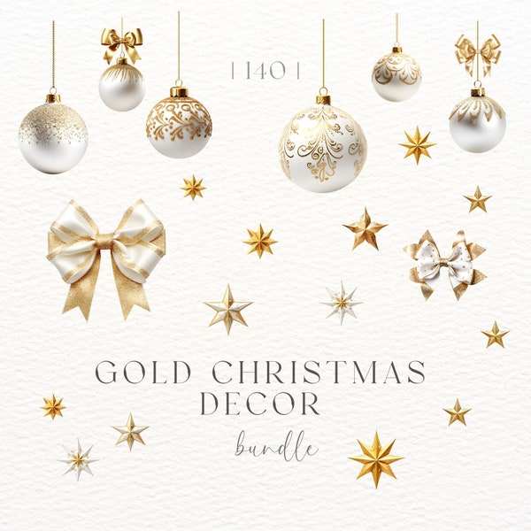 Christmas Bundle | Gold Christmas Ornament Png | Gold Christmas Ornaments Clipart | Commercial Use | Christmas Clipart | White and Gold Png