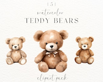 Watercolor Teddy Bear Clipart Bundle: Baby Shower Graphics (Digital Download)