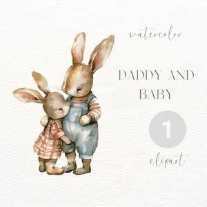 Daddy and Baby Bunny | Watercolour Clipart | Digital Download | Commercial Use | Bunny Png | Animal Clipart | Watercolour Bunny Png | Cute