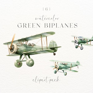 Watercolor Green Biplane Clipart: Commercial Use (Digital Download)