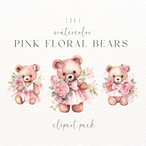 Watercolor Teddy Bear Clipart: Pink Floral Baby Shower (Commercial Use)