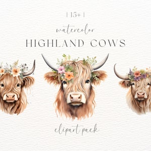 Highland Cows Clipart | Baby Highland Cow Clipart | Commercial Use | Cow Png | Cow With Flowers | Scottish Cow | Highland Cow Watercolor Png