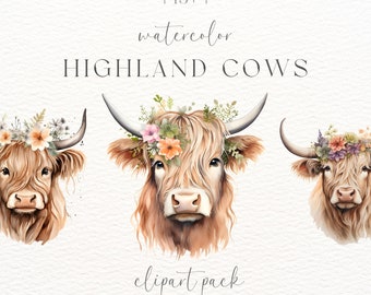 Floral Highland Cow Watercolor Clipart: Scottish Cow PNG (Commercial Use)