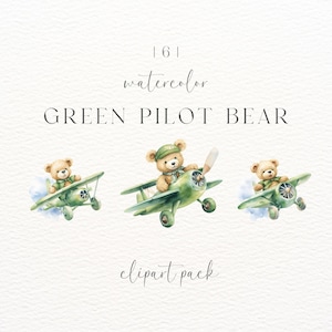 Clipart Ours pilote | Clipart ours vert | Utilisation commerciale | Art mural bébé | Ours aviateur | Baby Shower | Ours pilote | Décoration de chambre d'enfant | PNG