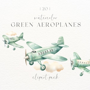 Avión de acuarela / Clipart de avión verde / Descarga digital / Uso comercial / Baby Shower / Baby Boy / Pngs transparentes / Png verde