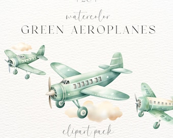 Watercolor Green Aeroplane Clipart: Commercial Use (Digital Download)