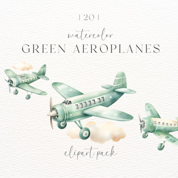 Watercolour Aeroplane | Green Aeroplane Clipart | Digital Download | Commercial Use | Baby Shower | Baby Boy | Transparent Pngs | Green Png