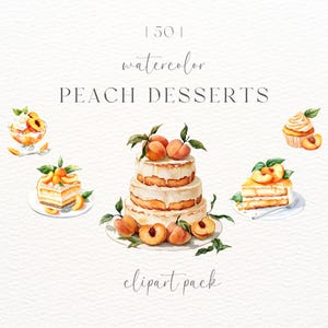 Puede incluir: Paquete de clipart de acuarela de postres de melocotón, que incluye un pastel de tres pisos con glaseado blanco y rodajas de melocotón, una rodaja de melocotón en un plato, un cobbler de melocotón y un cupcake de melocotón. El texto "50 watercolor peach desserts clipart pack" está escrito en la imagen.