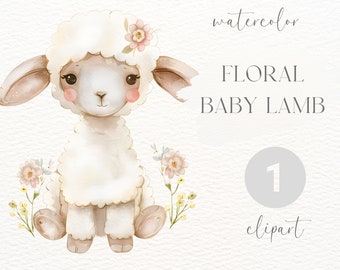 Watercolor Baby Lamb Clipart: Floral Animal PNG (Digital Download)