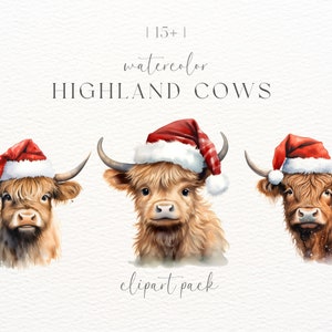 Christmas Highland Cows Clipart | Watercolor Cow Art | Card Making | Highland Cow Png | Xmas Clipart | Highland Cow Christmas Clipart | Png