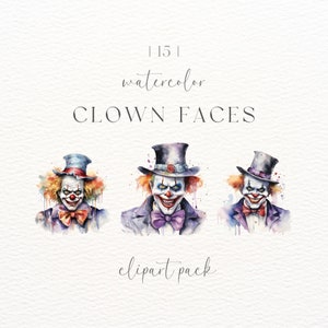 Clipart de payaso de terror en acuarela: Caras de payaso espeluznantes (Descarga digital PNG)