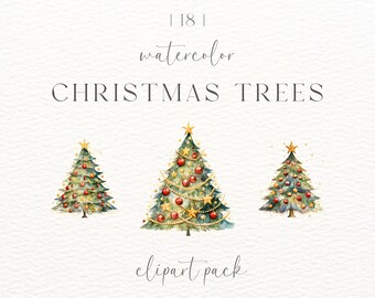 Watercolor Christmas Trees Clipart: Red & Gold PNG Graphics (Digital Download)