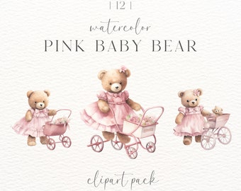 Watercolor Pink Baby Bear Clipart: Girl Baby Shower (Digital Download)