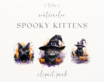 Watercolor Halloween Cat Clipart: Spooky Kitten PNG (Digital Download)