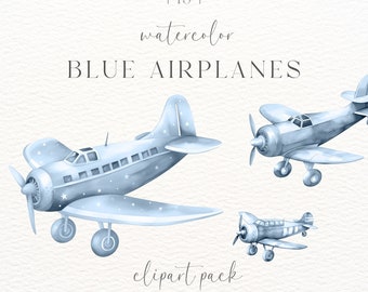 Watercolor Blue Airplane Clipart: Baby Shower PNG Graphics (Digital Download)