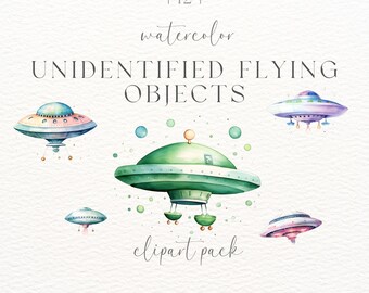 Watercolor UFO Clipart Set: Space Alien Ships (PNG, Commercial Use)