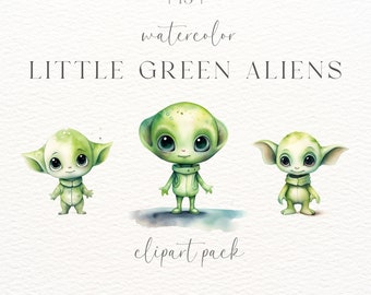 Conjunto de imágenes prediseñadas de extraterrestre verde en acuarela: PNG para uso comercial (descarga digital)
