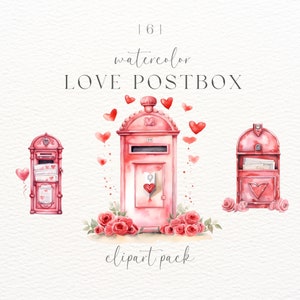 May include: A set of three watercolor illustrations of red mailboxes with hearts and roses. The mailboxes are decorated with the number "194" and have a heart-shaped opening. The set is titled "Watercolor Love Postbox Clipart Pack".