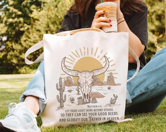 Christian Bible Verse Cotton Canvas Tote Bag: Western Design