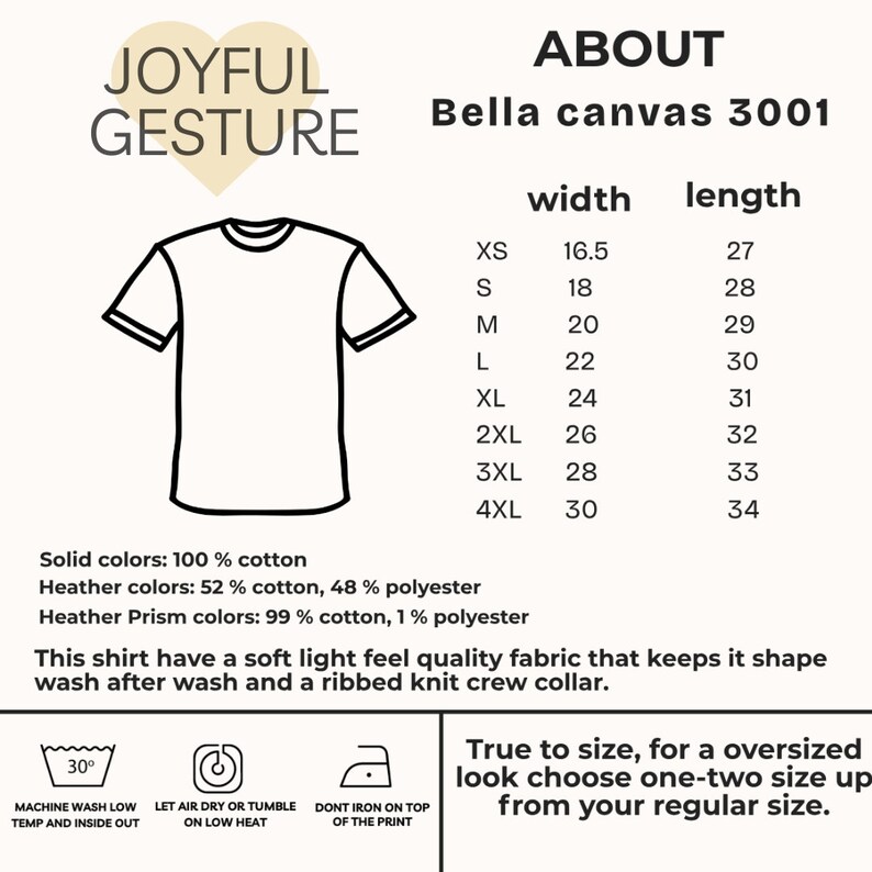 K&ouml;nnte beinhalten: Eine Schwarzwei&szlig;illustration eines T-Shirts mit dem Text "Joyful Gesture" dar&uuml;ber. Eine Gr&ouml;&szlig;entabelle f&uuml;r Bella Canvas 3001 T-Shirts wird mit Ma&szlig;en in Zentimetern f&uuml;r Breite und L&auml;nge angezeigt.