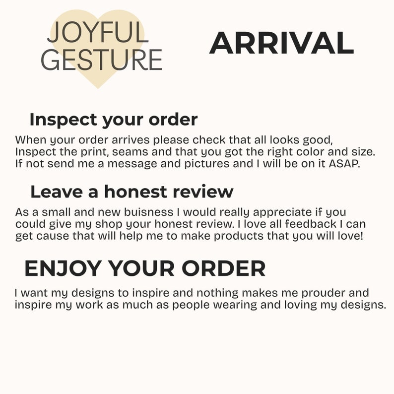 K&ouml;nnte beinhalten: Eine Grafik mit dem Text "JOYFUL GESTURE" in Herzform und dem Text "ARRIVAL" darunter. Der Text unter der Grafik lautet "Inspect your order" und "Wenn Ihre Bestellung eintrifft, &uuml;berpr&uuml;fen Sie bitte, ob alles in Ordnung ist. &Uuml;berpr&uuml;fen Sie den Druck, die N&auml;hte und ob Sie die richtige Farbe und Gr&ouml;&szlig;e erhalten haben. Wenn nicht, senden Sie mir eine Nachricht und Bilder, und ich werde mich so schnell wie m&ouml;glich darum k&uuml;mmern."
