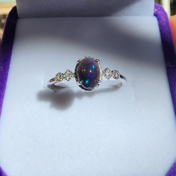 Natural Black Opal Ring, Sterling Silver S925, Adjustable, Gemstone Ring, Gift