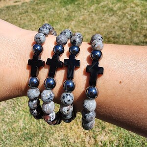 Yooperlite Bracelets w/ Hematite & Obsidian Cross, 8mm, Stone of Truth, Self-Confidence, Protection, Grounding, Focus-Men's Bracelets