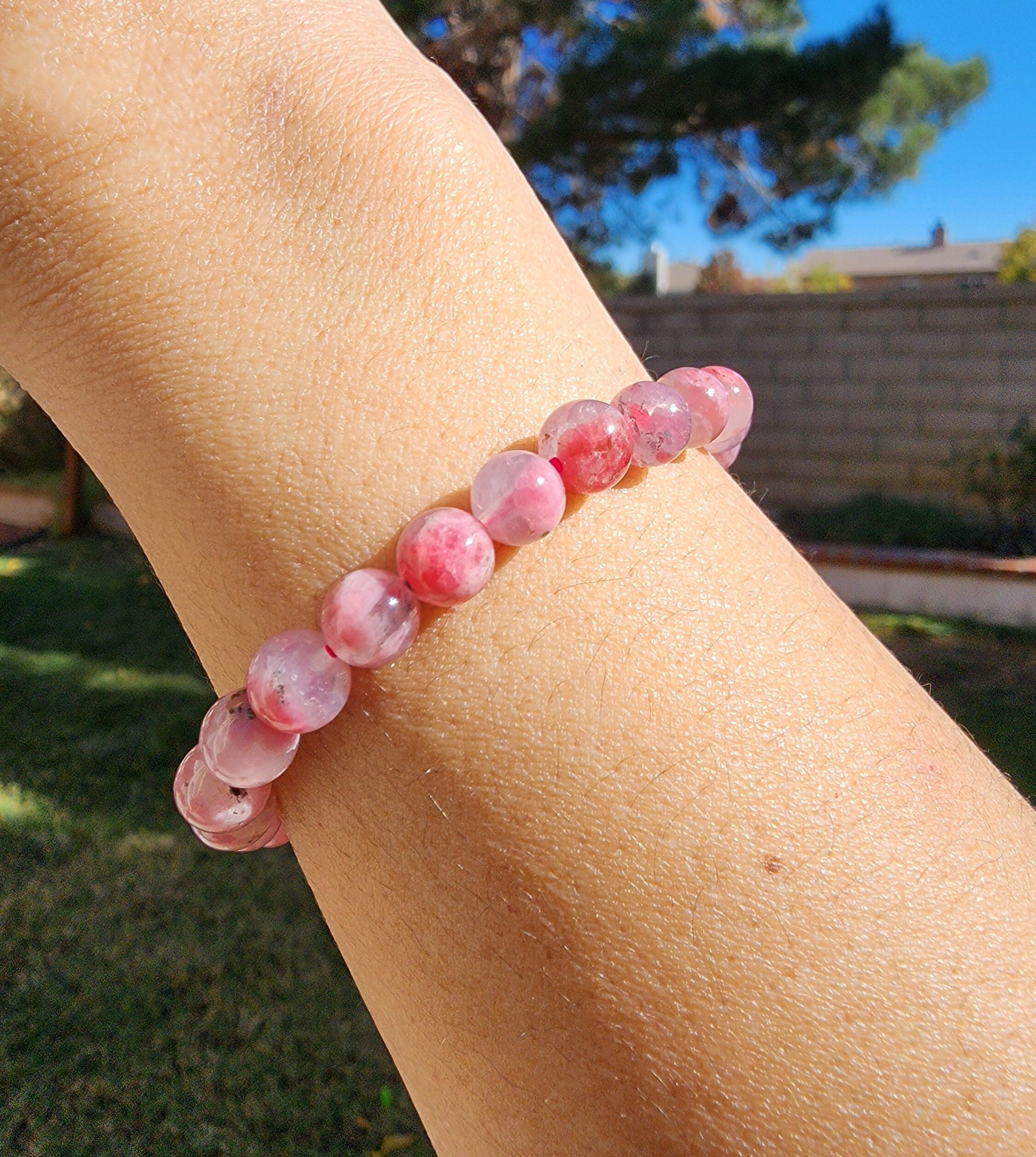 Sakura Rhodonite Bracelet, Cherry Blossom Rhodonite, 7mm, Heart