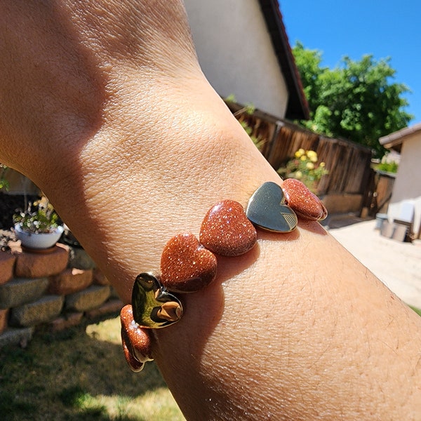 Flashy Sandstone Heart Bracelets with Pyrite Hearts, 12mm, Stone of Creativity, Clarity, Truth, Success, Wealth, Grounding, Protection