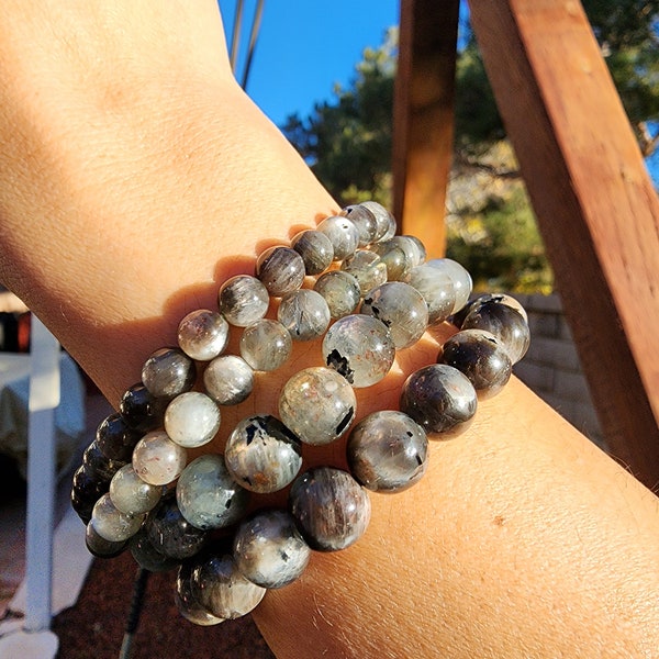 STARLIGHT Moonstone, Flashy Skeletal Moonstone w/ Sunstone Bracelets, Black Moonstone,  6.8mm, 9mm, Hope, Inspiration, Protection, Happines