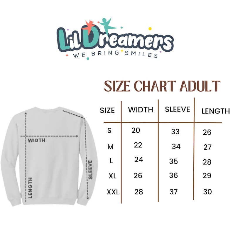 May include: Size chart for adult sweatshirts with measurements in inches for width, sleeve length, and overall length. Sizes include S, M, L, XL, and XXL.