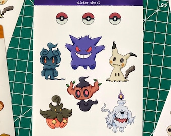 Hoja de pegatinas de monstruos fantasmales: pegatinas espeluznantes con Gengar, Mimikyu, Pumpkaboo y más. Perfectas para diarios, agendas y álbumes de recortes.