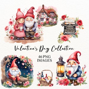 Valentines Day PNG Watercolour Gnome Clipart Bundle, Colourful Festive Gnomes Clipart For Scrapbook, Junk Journal, Paper Crafts Scrapbooking