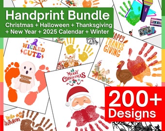 May include: A collection of 200+ handprint designs for crafting. The designs include themes for Christmas, Halloween, Thanksgiving, New Year, and a 2025 calendar. The designs feature handprints in various colors and patterns, with text such as "Wicked Cute", "Happy Thanksgiving", and "Merry Christmas".