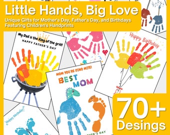 Könnte beinhalten: Eine Sammlung von bunten Handabdruckkarten mit verschiedenen Designs und Botschaften, darunter "Mein Papa ist der Grillkönig!" und "Mama, du bist ein Dino-Star!" Die Karten sind perfekt für Vatertag, Muttertag und Geburtstage. Der Text "70+ Desings" wird in der unteren rechten Ecke angezeigt.