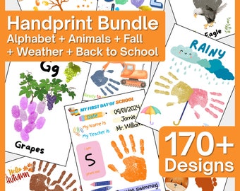 Puede incluir: Un paquete de huellas de manos coloridas con más de 170 diseños para niños. El paquete incluye temas de alfabeto, animales, otoño, clima y regreso a la escuela. Los diseños presentan huellas de manos, ilustraciones y texto.