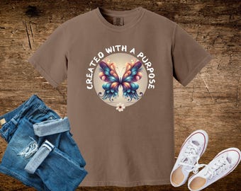 Created With A Purpose Butterfly Tee Shirt, Comfort Colors, Christian Tshirt, Positive Tee ShirtChristian T-Shirts