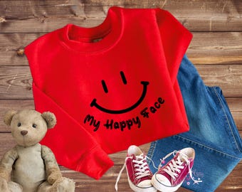 Youth Happy Face Unisex Sweatshirt, Kids Happy Face Sweatshirt, Youth Graphic Sweatshirt