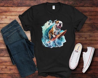 Bulldog Surfing Tee Shirt, Bulldog Tee, Bulldog Merch