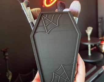 Coffin Brush Holder | Spider Web | Makeup Organiser | Pencil Holder | Gothic Halloween Spooky Home Decor | Witchy Vibe | Pen Holder |