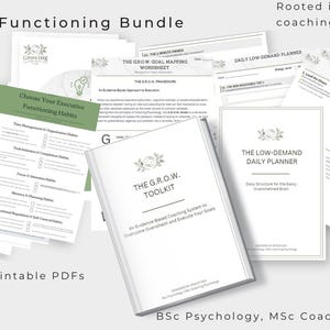 May include: A collection of five printable PDF documents titled Executive Functioning Bundle, including The G.R.O.W. Toolkit, The Low-Demand Daily Planner, and various worksheets. The pages feature black text on white backgrounds with green accents.