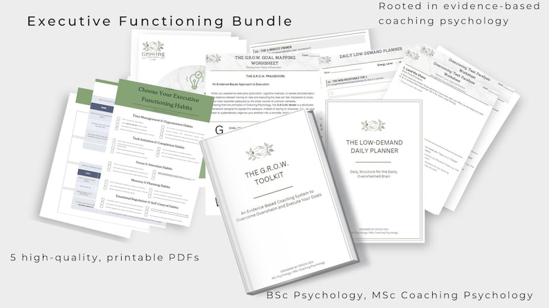 May include: A collection of five printable PDF documents titled Executive Functioning Bundle, including The G.R.O.W. Toolkit, The Low-Demand Daily Planner, and various worksheets. The pages feature black text on white backgrounds with green accents.