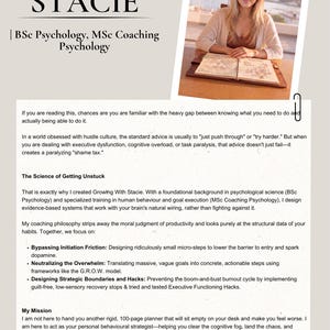 May include: A professional information sheet titled Hello I'm STACIE, featuring a photograph of a person at a desk with an open book. The text details a coaching philosophy focused on psychology, executive function, and goal execution strategies.