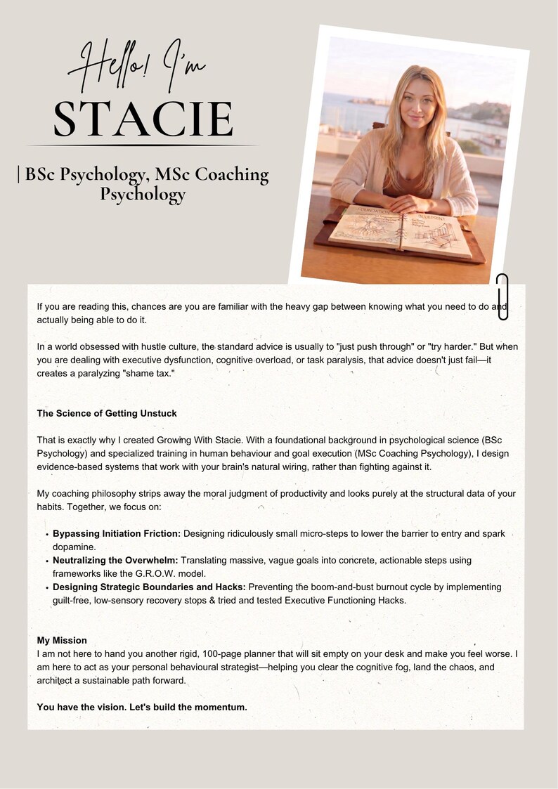 May include: A professional information sheet titled Hello I'm STACIE, featuring a photograph of a person at a desk with an open book. The text details a coaching philosophy focused on psychology, executive function, and goal execution strategies.
